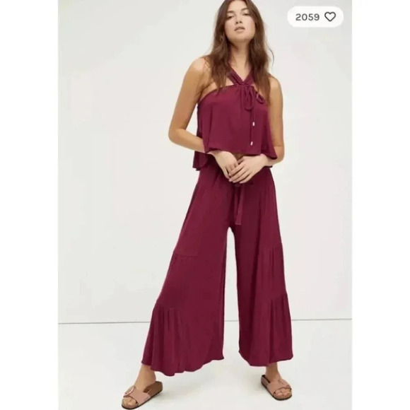 Free People Pants - New Free People Porter Set Matching Flare Wide Leg Pants Crop Top Pink Two Piece